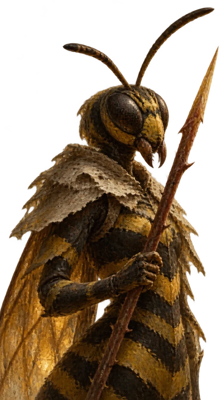 Warden Wasp, ksatria tawon kertas belang kuning hitam, memegang tombak dari duri mawar